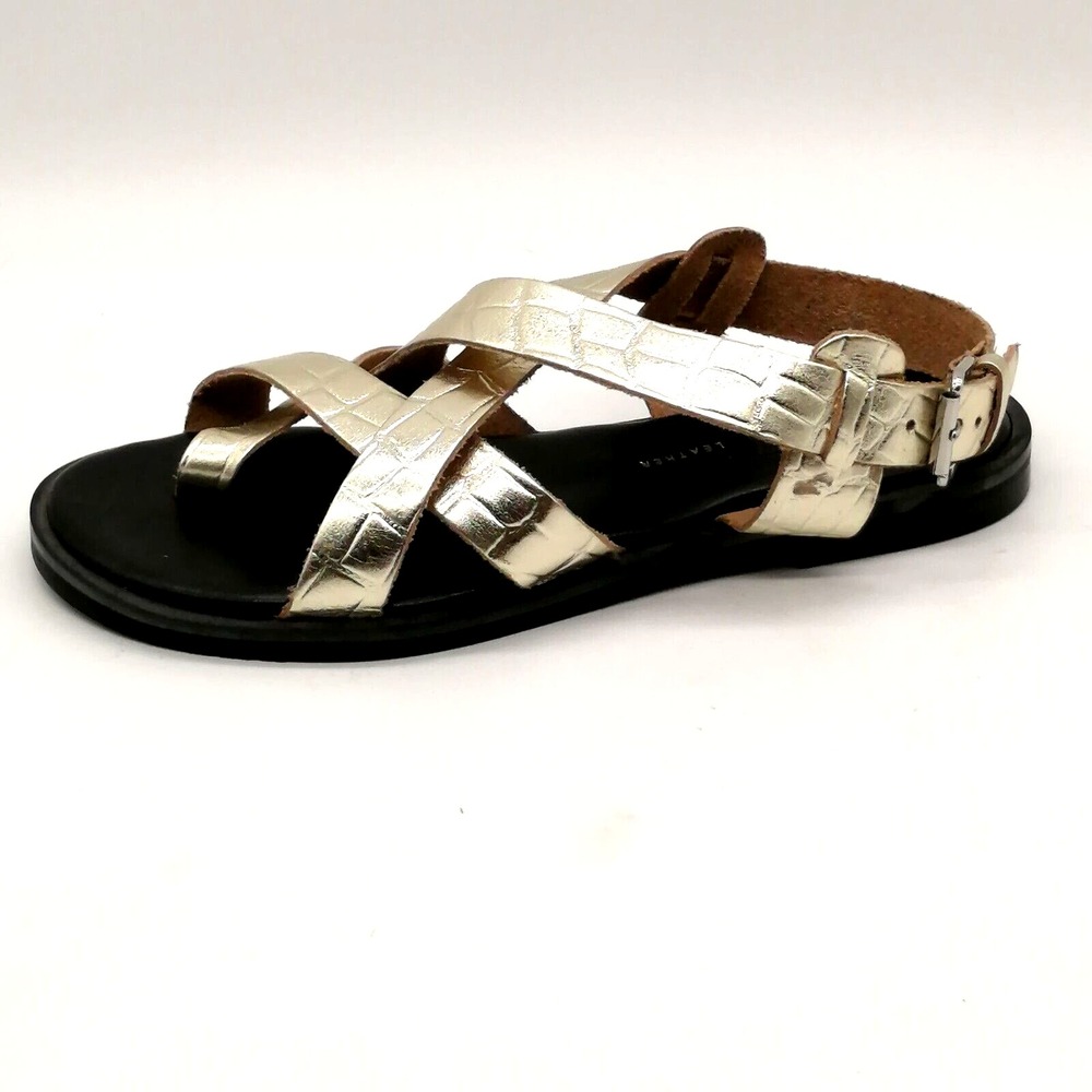 Topshop Shoes Womens Gold Croc EU 36 Leather Thong Sandal Buckle Strap Flat